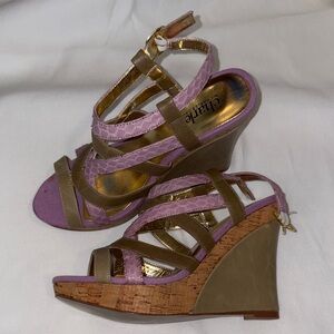 Charles By Charles David Lilac and Taupe Strappy Cork Wedge Sandals